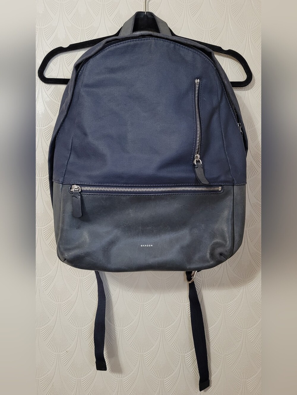 Skagen Kroyer 2.0 Coated Canvas Navy Blue Backpack Utility Bag Faux Leather